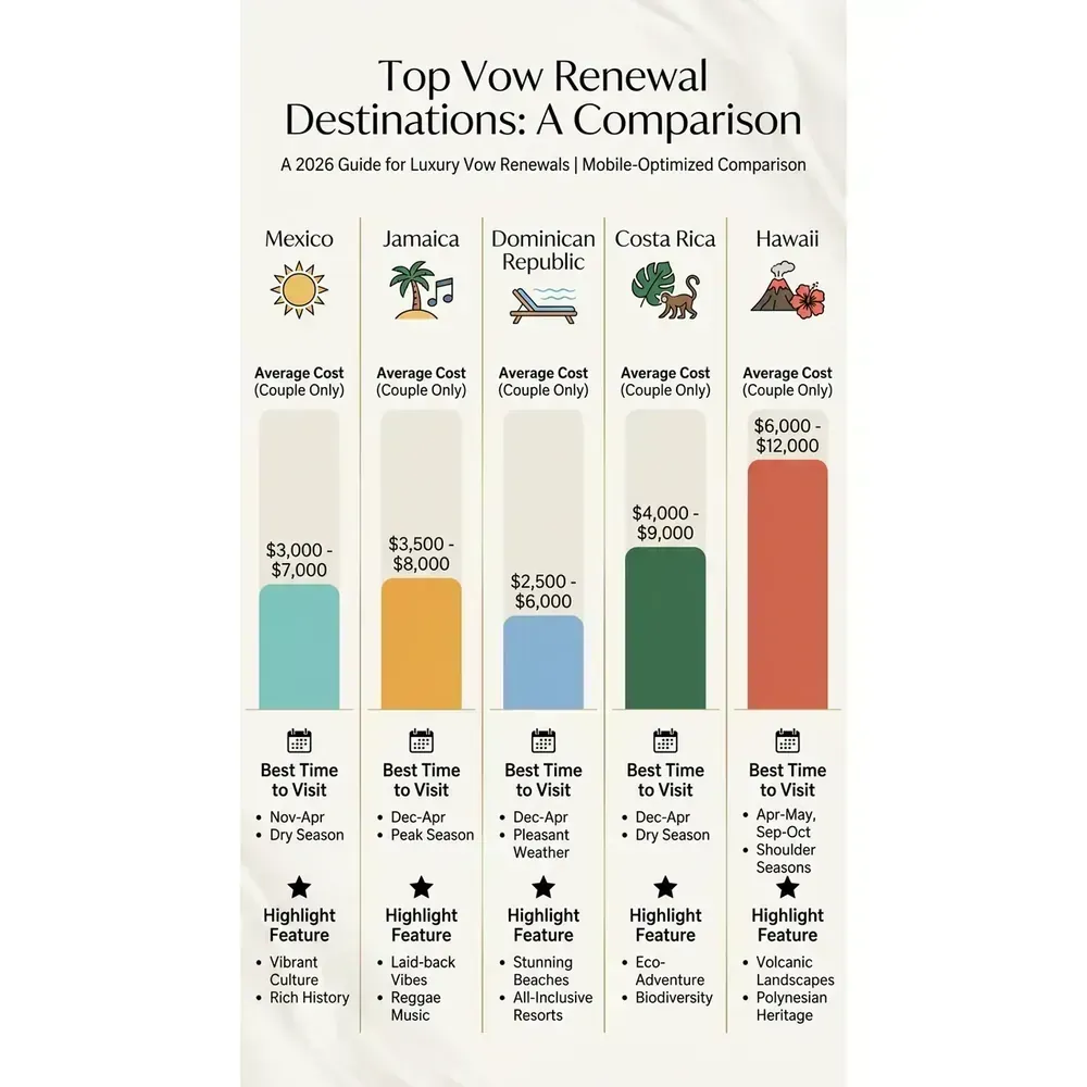 All-Inclusive Vow Renewal Packages – 2026 Guide | LVC – Top Vow Renewal Destinations: A Comparison overview. All-Inclusive Vow Renewal Packages – 2026 Guide | LVC – Top Vow Renewal Destinations: A Comparison infographic for luxury destination wedding and travel planning. Key details: Featured image. Visual focus: Compare Mexico, Jamaica, Dominican Republic, Costa Rica, and Hawaii.