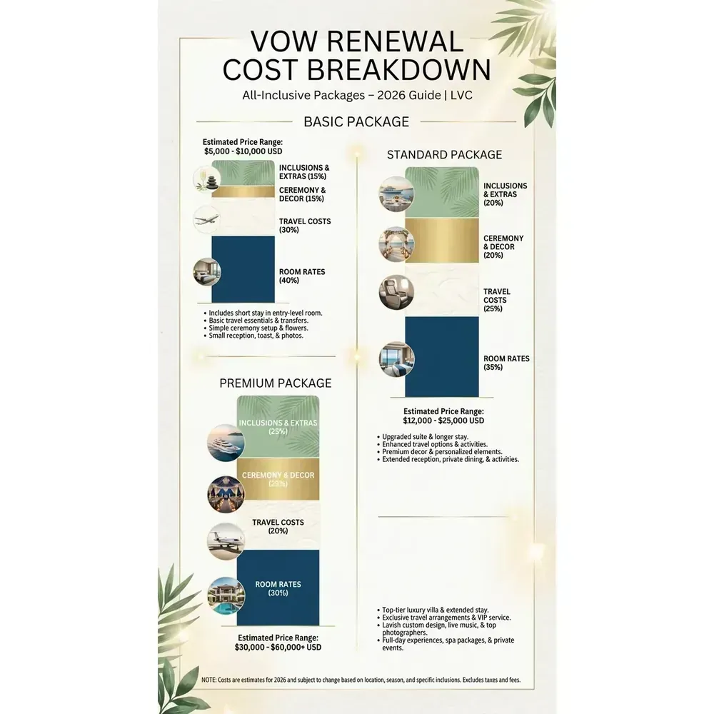 All-Inclusive Vow Renewal Packages – 2026 Guide | LVC – Vow Renewal Cost Breakdown overview. All-Inclusive Vow Renewal Packages – 2026 Guide | LVC – Vow Renewal Cost Breakdown infographic for luxury destination wedding and travel planning. Key details: Featured image. Visual focus: Illustrate the cost breakdown for basic, standard, and premium.