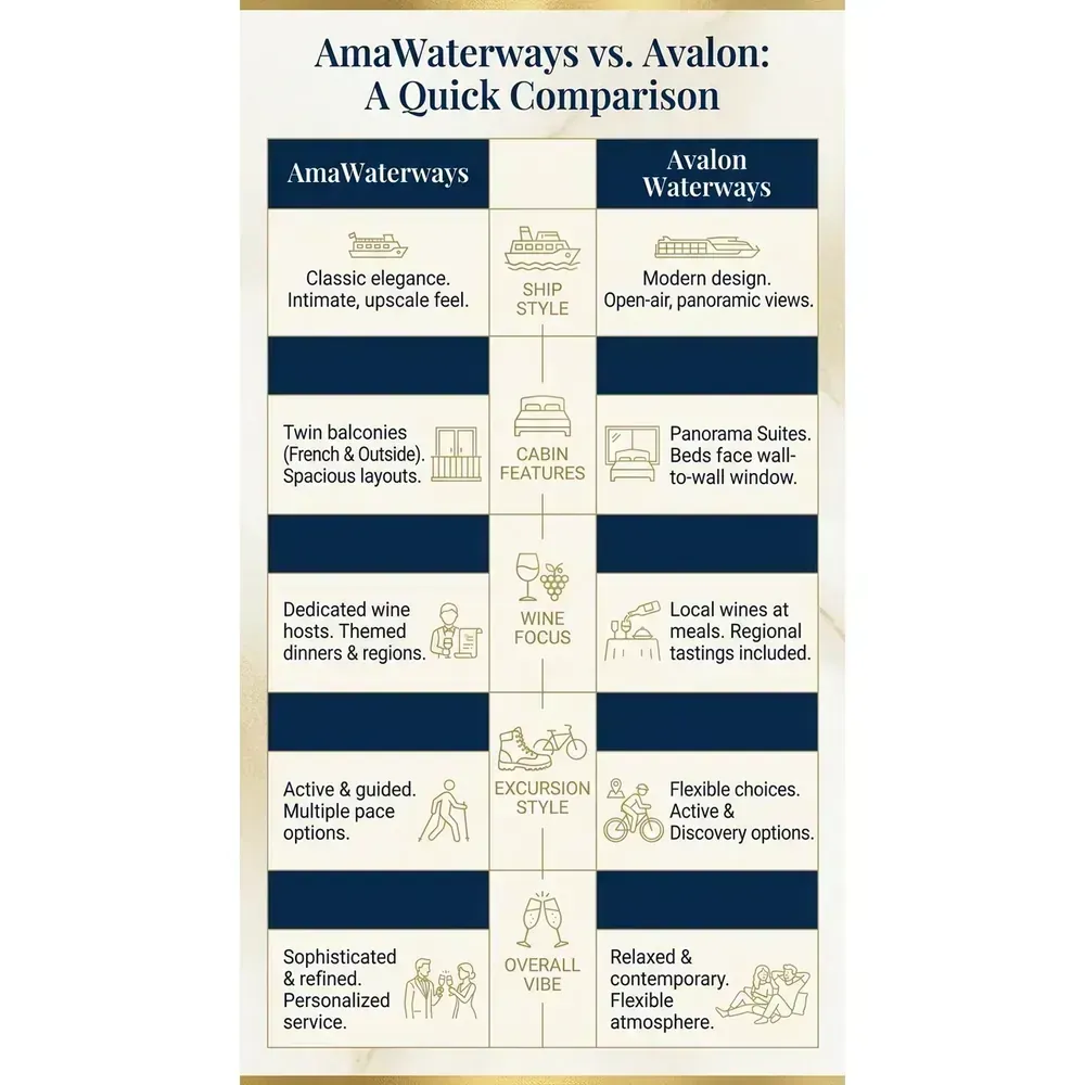 AmaWaterways vs Avalon Wine Cruises – 2026 Guide | Expert Picks – AmaWaterways vs. Avalon: A Quick Comparison overview. AmaWaterways vs Avalon Wine Cruises – 2026 Guide | Expert Picks – AmaWaterways vs. Avalon: A Quick Comparison infographic for luxury cruise planning. Key details:
. Visual focus: A side-by-side table summarizing key differences: ship style, cabin.