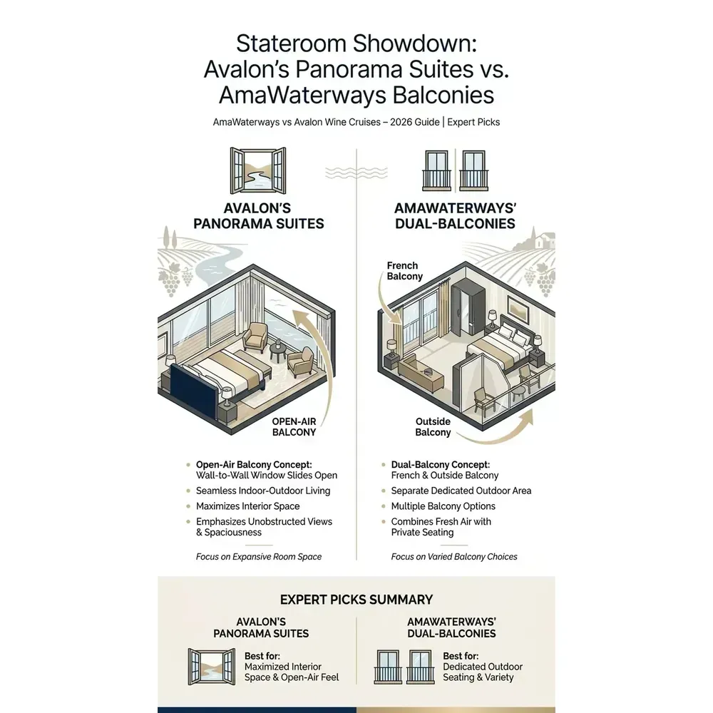 AmaWaterways vs Avalon Wine Cruises – 2026 Guide | Expert Picks – Stateroom Showdown: Avalon's Panorama Suites vs. AmaWaterways Balconies overview. AmaWaterways vs Avalon Wine Cruises – 2026 Guide | Expert Picks – Stateroom Showdown: Avalon's Panorama Suites vs. AmaWaterways Balconies infographic for luxury cruise planning. Key details:
. Visual focus: Visually compare Avalon's open-air balcony concept with AmaWaterways'.