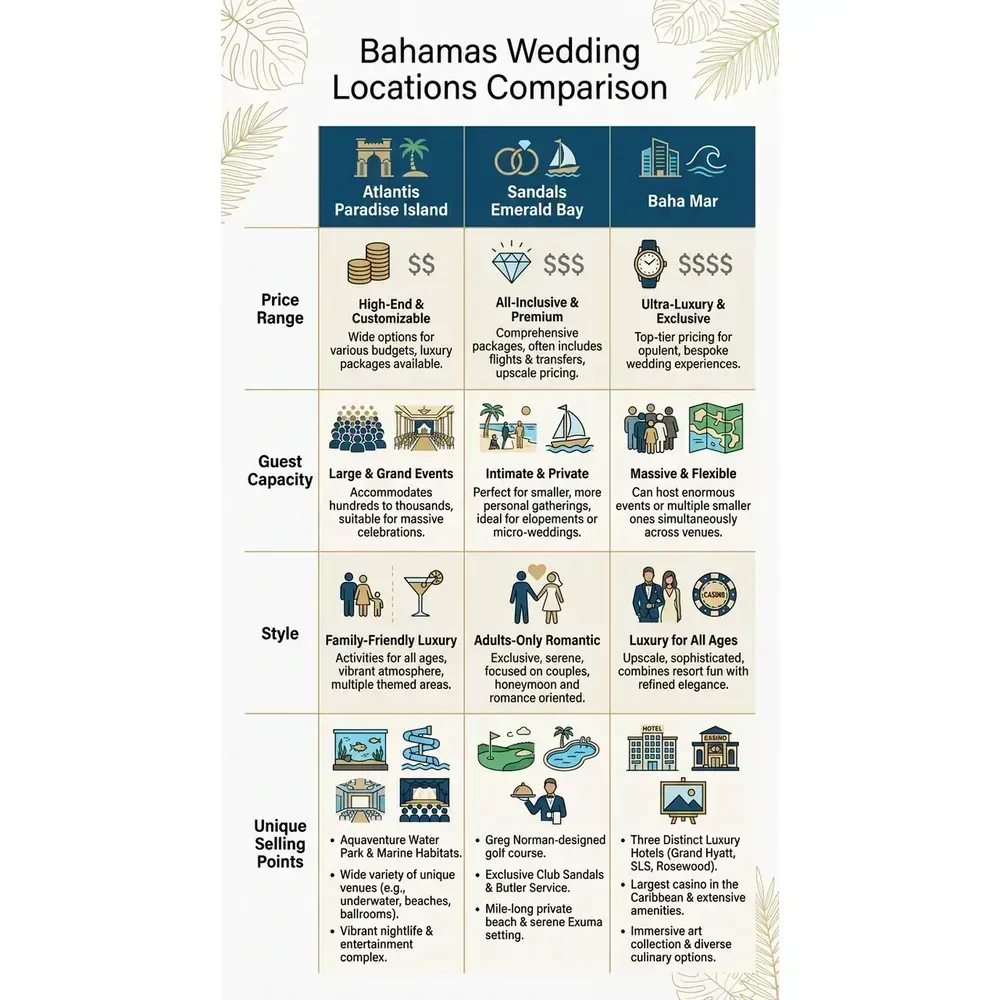 Bahamas Wedding Packages – Top 2026 Resorts | Luxury Vacations – Bahamas Wedding Locations Comparison overview. Bahamas Wedding Packages – Top 2026 Resorts | Luxury Vacations – Bahamas Wedding Locations Comparison infographic for luxury destination wedding and travel planning. Key details: Featured image. Visual focus: A side-by-side comparison table of Atlantis Paradise Island, Sandals.