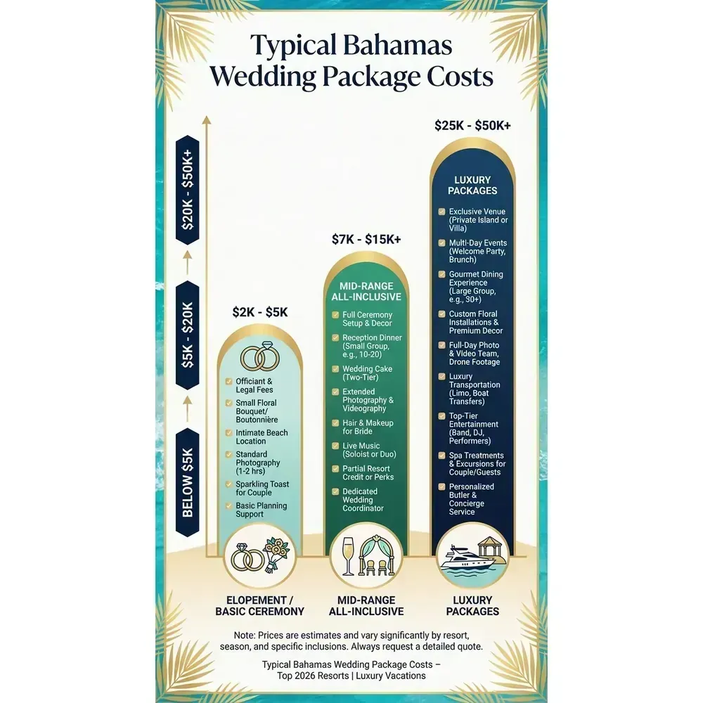Bahamas Wedding Packages – Top 2026 Resorts | Luxury Vacations – Typical Bahamas Wedding Package Costs overview. Bahamas Wedding Packages – Top 2026 Resorts | Luxury Vacations – Typical Bahamas Wedding Package Costs infographic for luxury destination wedding and travel planning. Key details: Featured image. Visual focus: A bar graph visually representing the price ranges for.