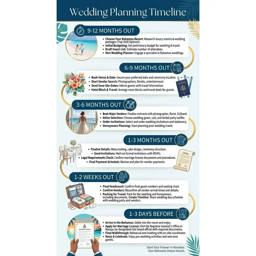 Bahamas Wedding Packages – Top 2026 Resorts | Luxury Vacations – Wedding Planning Timeline overview. Bahamas Wedding Packages – Top 2026 Resorts | Luxury Vacations – Wedding Planning Timeline infographic for luxury destination wedding and travel planning. Key details: Featured image. Visual focus: A timeline infographic visualizing the key milestones in planning a.