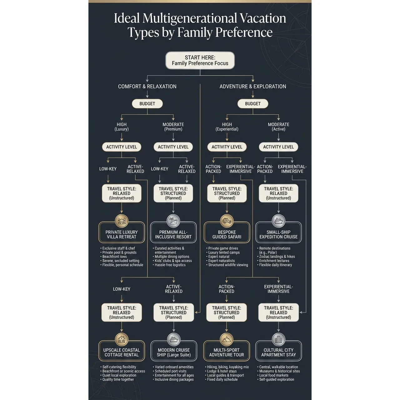 Best Multigenerational Vacation Ideas for Stress Free Trips – Ideal Multigenerational Vacation Types by Family Preference overview. Best Multigenerational Vacation Ideas for Stress Free Trips – Ideal Multigenerational Vacation Types by Family Preference infographic for luxury travel planning. Key details: Planning a trip for grandparents, parents, and kids at the same time can feel a little. Visual focus: A decision tree diagram that helps readers choose the best vacation.