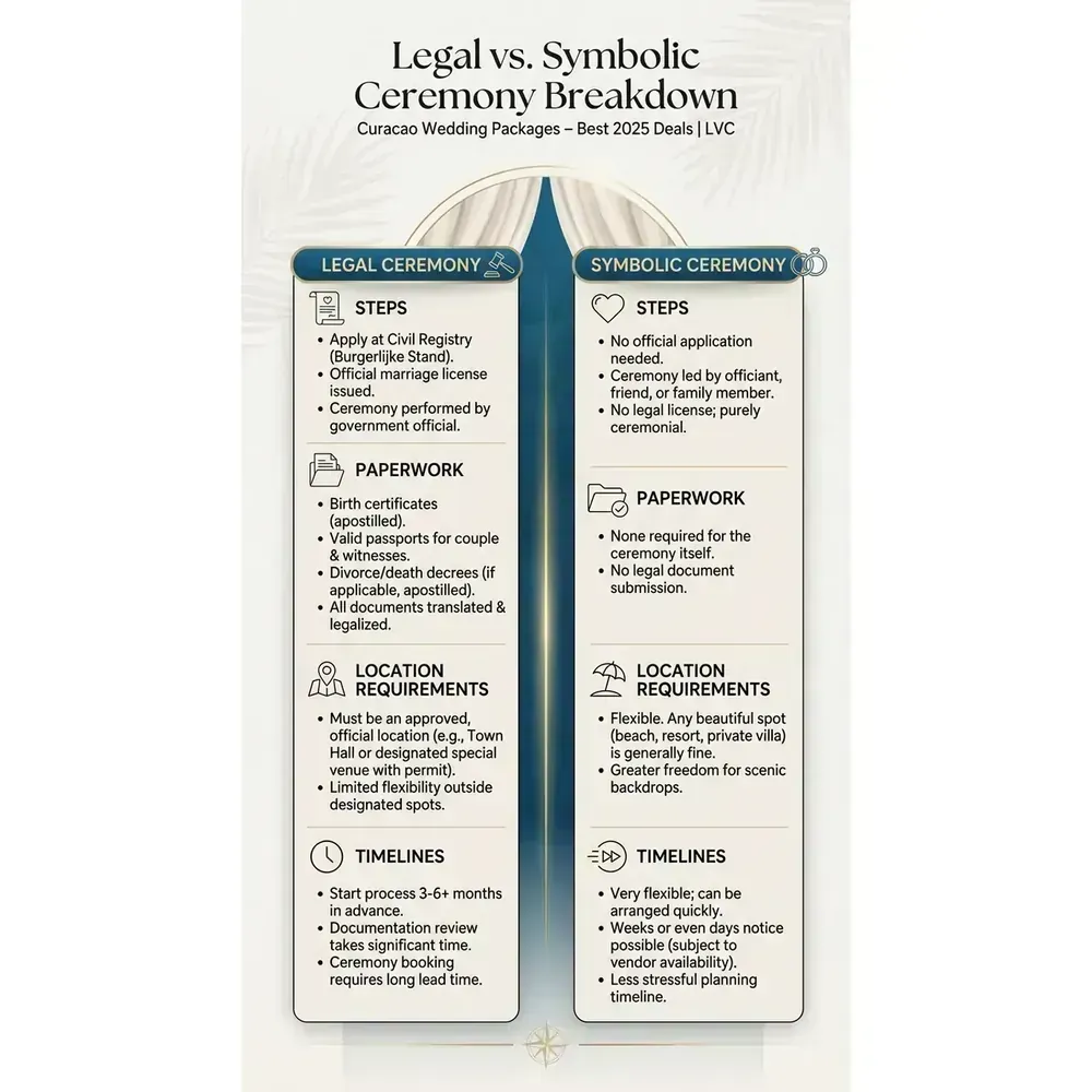 Curacao Wedding Packages – 2026 Guide | Expert Guide – Legal vs. Symbolic Ceremony Breakdown infographic for luxury destination wedding planning. Key details: Featured image. Visual focus: A flowchart or side-by-side table outlining the steps, paperwork, and.