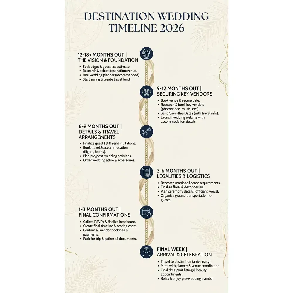Destination Wedding Guide 2026 – Essential Planner | Expert Tips – Destination Wedding Timeline 2026 overview. Destination Wedding Guide 2026 – Essential Planner | Expert Tips – Destination Wedding Timeline 2026 infographic for luxury destination wedding and travel planning. Key details: Planning a Destination Wedding starts with one unromantic truth: you are not just. Visual focus: A visual timeline breaking down the key milestones in planning a.