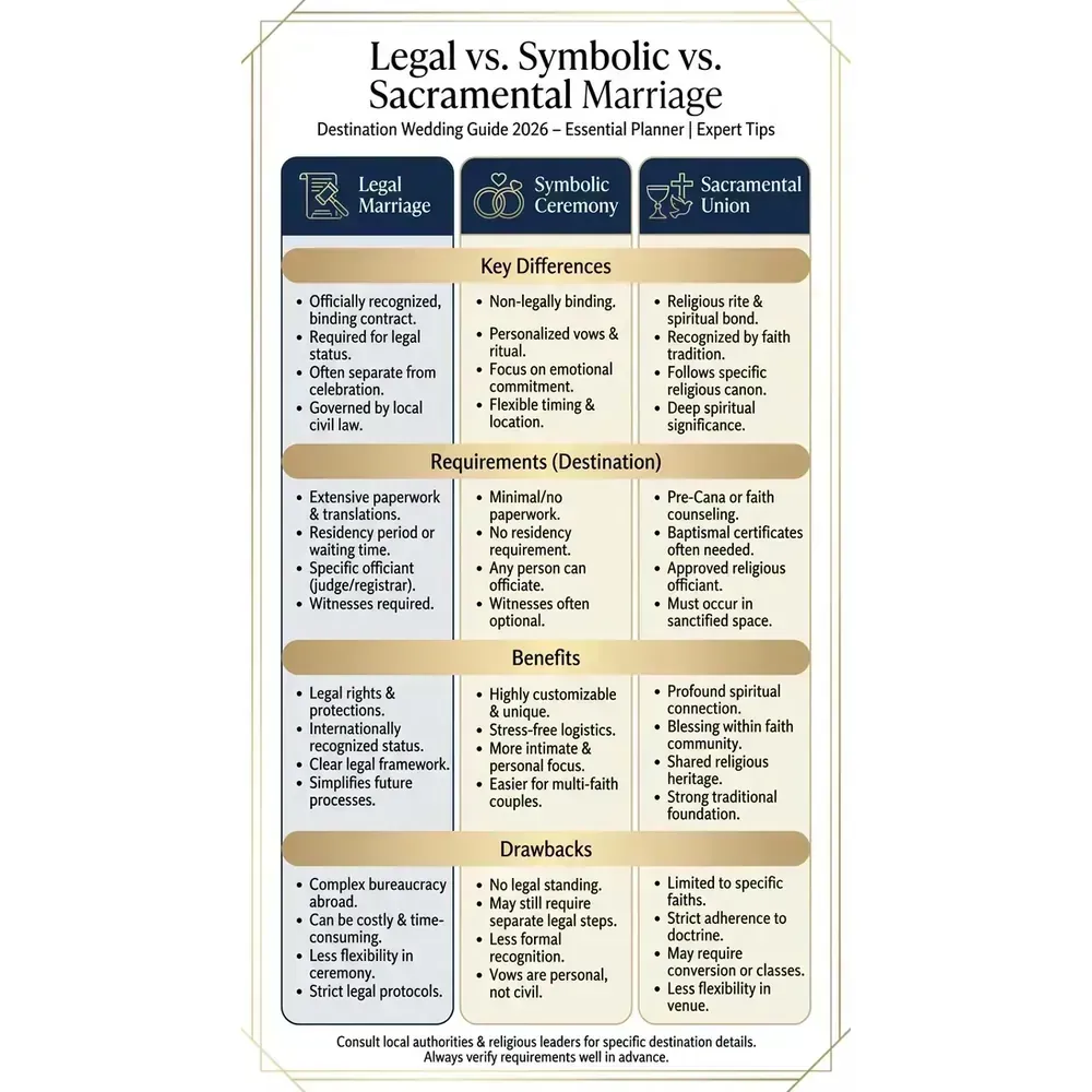 Destination Wedding Guide 2026 – Essential Planner | Expert Tips – Legal vs. Symbolic vs. Sacramental Marriage overview. Destination Wedding Guide 2026 – Essential Planner | Expert Tips – Legal vs. Symbolic vs. Sacramental Marriage infographic for luxury destination wedding and travel planning. Key details: Planning a Destination Wedding starts with one unromantic truth: you are not just. Visual focus: A comparison table outlining the key differences, requirements,.