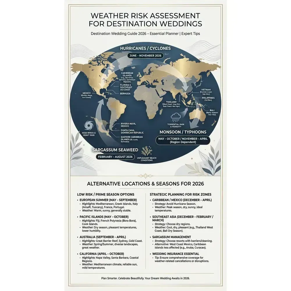Destination Wedding Guide 2026 – Essential Planner | Expert Tips – Weather Risk Assessment for Destination Weddings overview. Destination Wedding Guide 2026 – Essential Planner | Expert Tips – Weather Risk Assessment for Destination Weddings infographic for luxury destination wedding and travel planning. Key details: Planning a Destination Wedding starts with one unromantic truth: you are not just. Visual focus: A world map highlighting regions with potential weather risks.