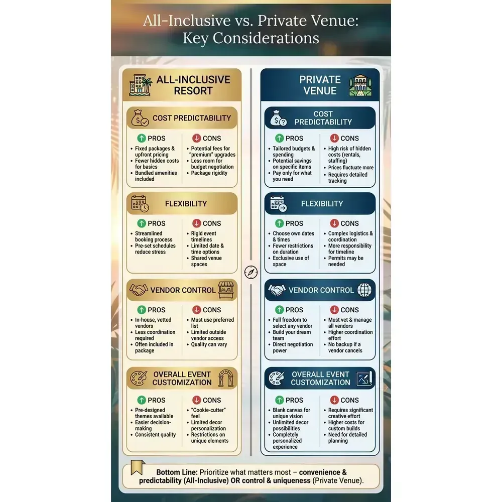 Destination Wedding Guide 2026 – Essential Planner | Expert Tips – All-Inclusive vs. Private Venue: Key Considerations overview. Destination Wedding Guide 2026 – Essential Planner | Expert Tips – All-Inclusive vs. Private Venue: Key Considerations infographic for luxury destination wedding and travel planning. Key details: Planning a Destination Wedding starts with one unromantic truth: you are not just. Visual focus: A side-by-side comparison of all-inclusive resorts and private.