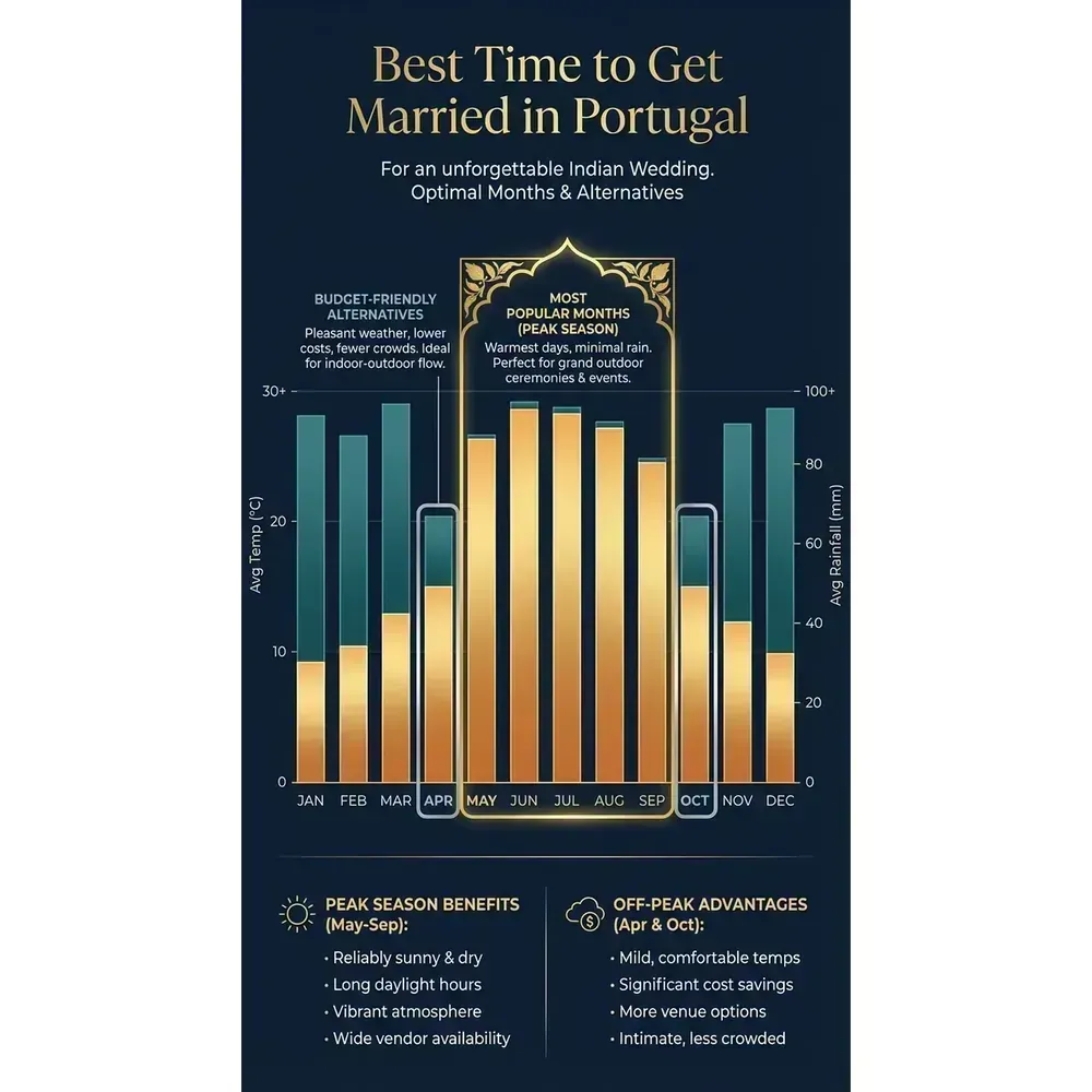 Indian Wedding in Portugal – Best Time to Get Married in Portugal overview. Indian Wedding in Portugal – Best Time to Get Married in Portugal infographic for luxury destination wedding and travel planning. Key details: Indian Wedding in Portugal. Visual focus: A bar graph showing the average temperature and rainfall in Portugal.