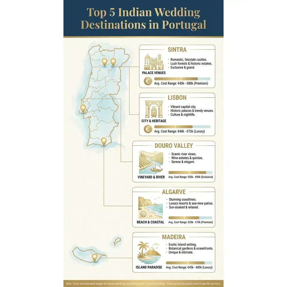 Indian Wedding in Portugal – Top 5 Indian Wedding Destinations in Portugal overview. Indian Wedding in Portugal – Top 5 Indian Wedding Destinations in Portugal infographic for luxury destination wedding and travel planning. Key details: Indian Wedding in Portugal. Visual focus: A map of Portugal highlighting the 5 main wedding locations (Sintra,.