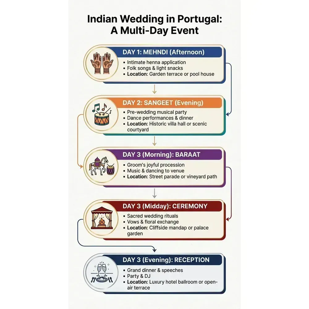 Indian Wedding in Portugal – Indian Wedding in Portugal: A Multi-Day Event overview. Indian Wedding in Portugal – Indian Wedding in Portugal: A Multi-Day Event infographic for luxury destination wedding and travel planning. Key details: Indian Wedding in Portugal. Visual focus: A flowchart illustrating the typical multi-day schedule of an Indian.