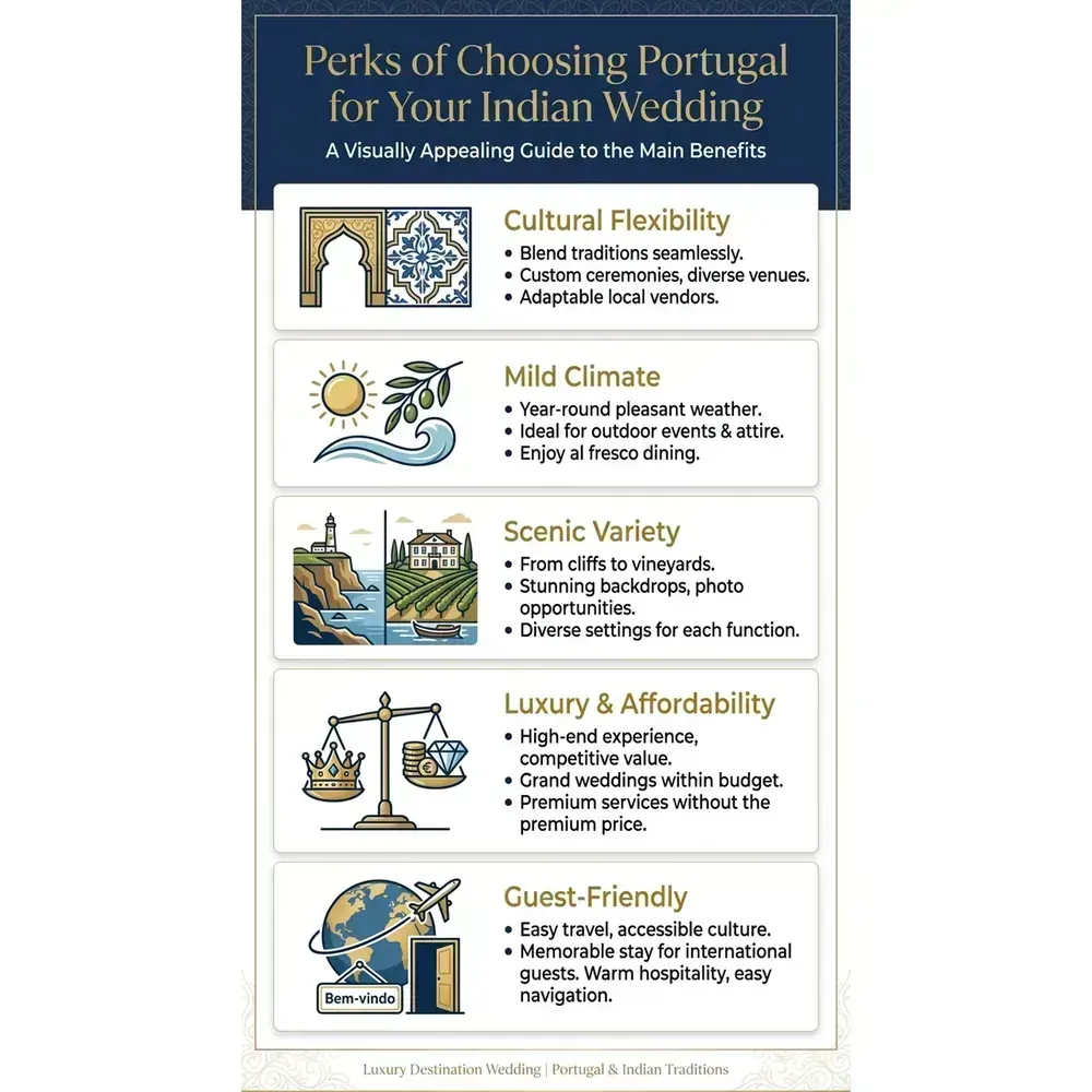 Indian Wedding in Portugal – Perks of Choosing Portugal for Your Indian Wedding overview. Indian Wedding in Portugal – Perks of Choosing Portugal for Your Indian Wedding infographic for luxury destination wedding and travel planning. Key details: Indian Wedding in Portugal. Visual focus: A visually appealing list of icons representing the main benefits of.