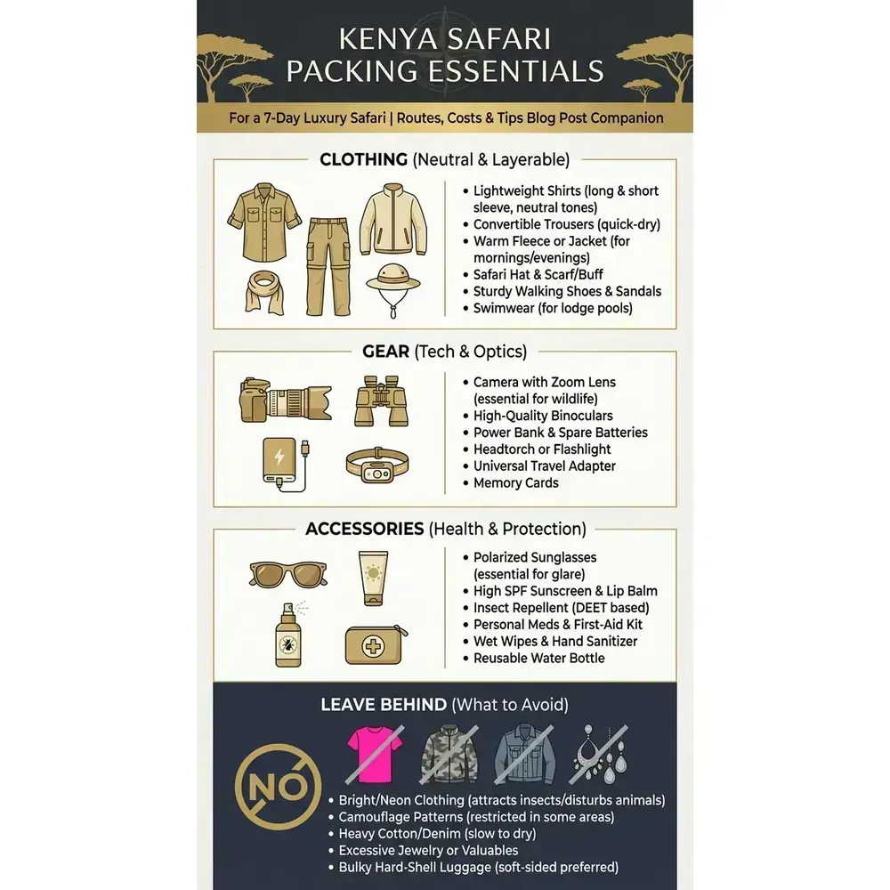 Kenya 7 Day Safari Itinerary: Routes, Costs & Tips – Kenya Safari Packing Essentials infographic for African safari planning. Key details: A Kenya 7 day safari itinerary can absolutely deliver serious Big Five sightings,. Visual focus: Visually showcase essential packing items for a 7-day Kenya safari.