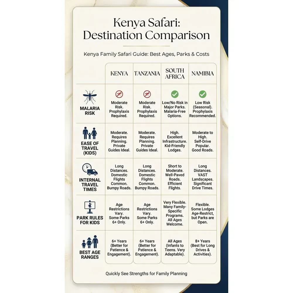 Kenya Family Safari Guide: Best Ages, Parks & Costs – Kenya Safari: Destination Comparison infographic for luxury destination wedding and travel planning. Key details: A Kenya family safari can be the trip your children talk about at every Christmas for the. Visual focus: A comparison table of Kenya, Tanzania, South Africa, and Namibia,.