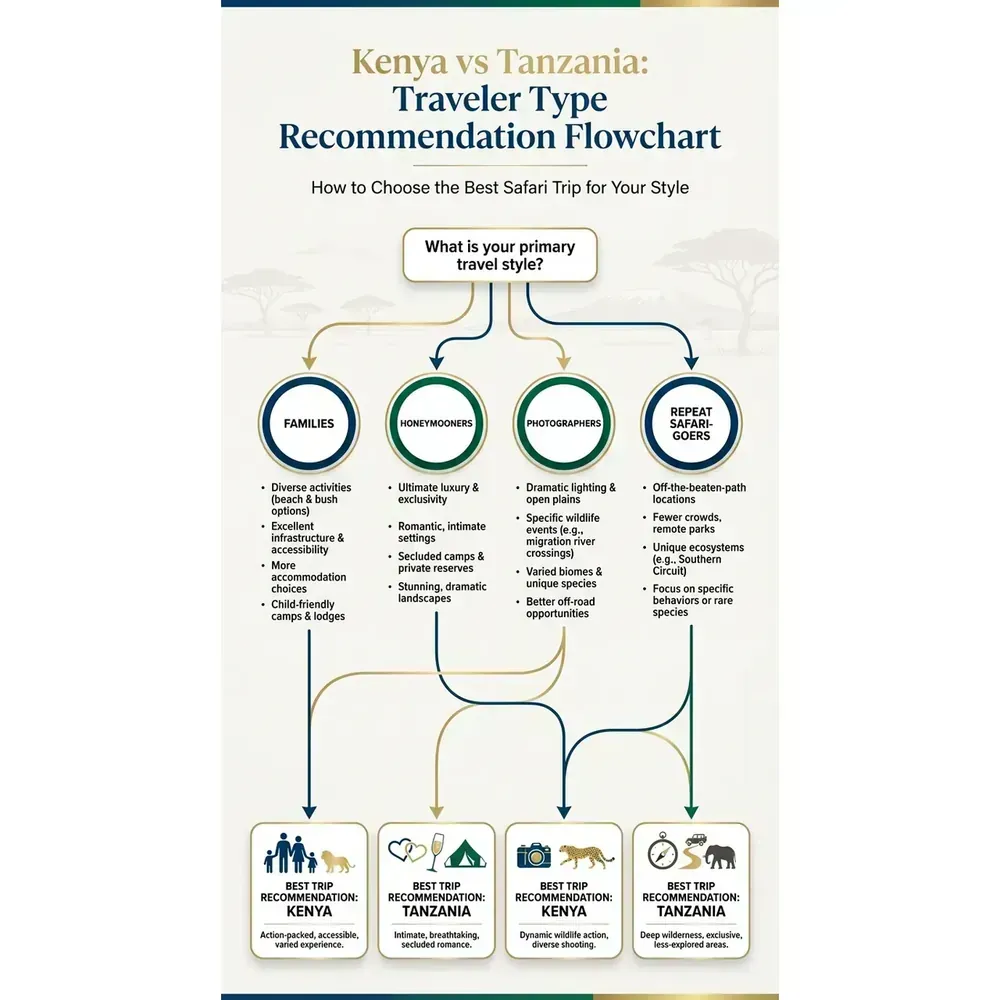 Kenya vs Tanzania Safari: How to Choose the Best Trip – Kenya vs Tanzania: Traveler Type Recommendation Flowchart overview. Kenya vs Tanzania Safari: How to Choose the Best Trip – Kenya vs Tanzania: Traveler Type Recommendation Flowchart infographic for African safari planning. Key details: Choosing between a Kenya vs Tanzania safari is not about which country wins a. Visual focus: Create a flowchart to help readers quickly determine which country is.