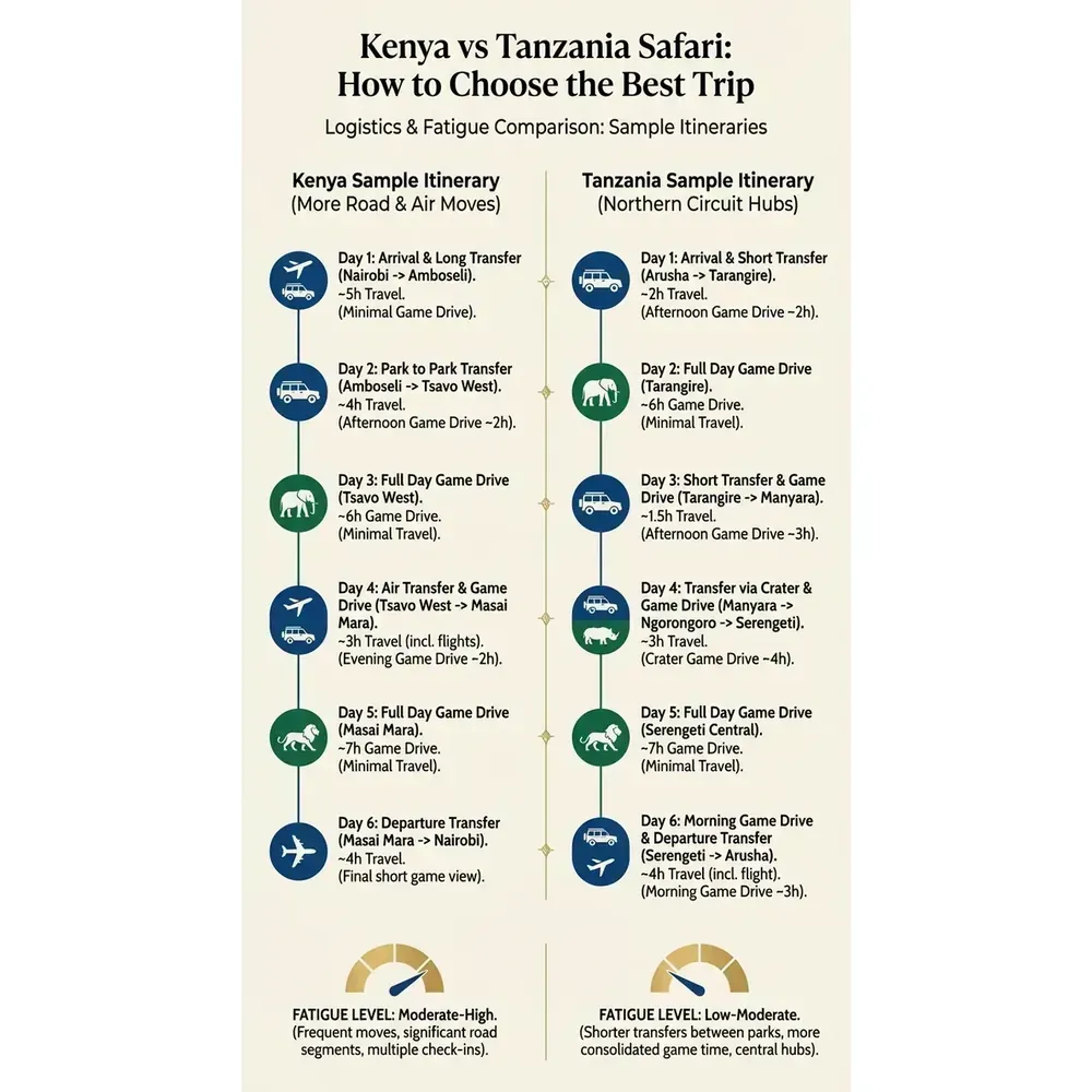 Kenya vs Tanzania Safari: How to Choose the Best Trip – Logistics & Fatigue Comparison: Sample Itineraries overview. Kenya vs Tanzania Safari: How to Choose the Best Trip – Logistics & Fatigue Comparison: Sample Itineraries infographic for African safari planning. Key details: Choosing between a Kenya vs Tanzania safari is not about which country wins a. Visual focus: Compare two sample itineraries (one for Kenya, one for Tanzania).
