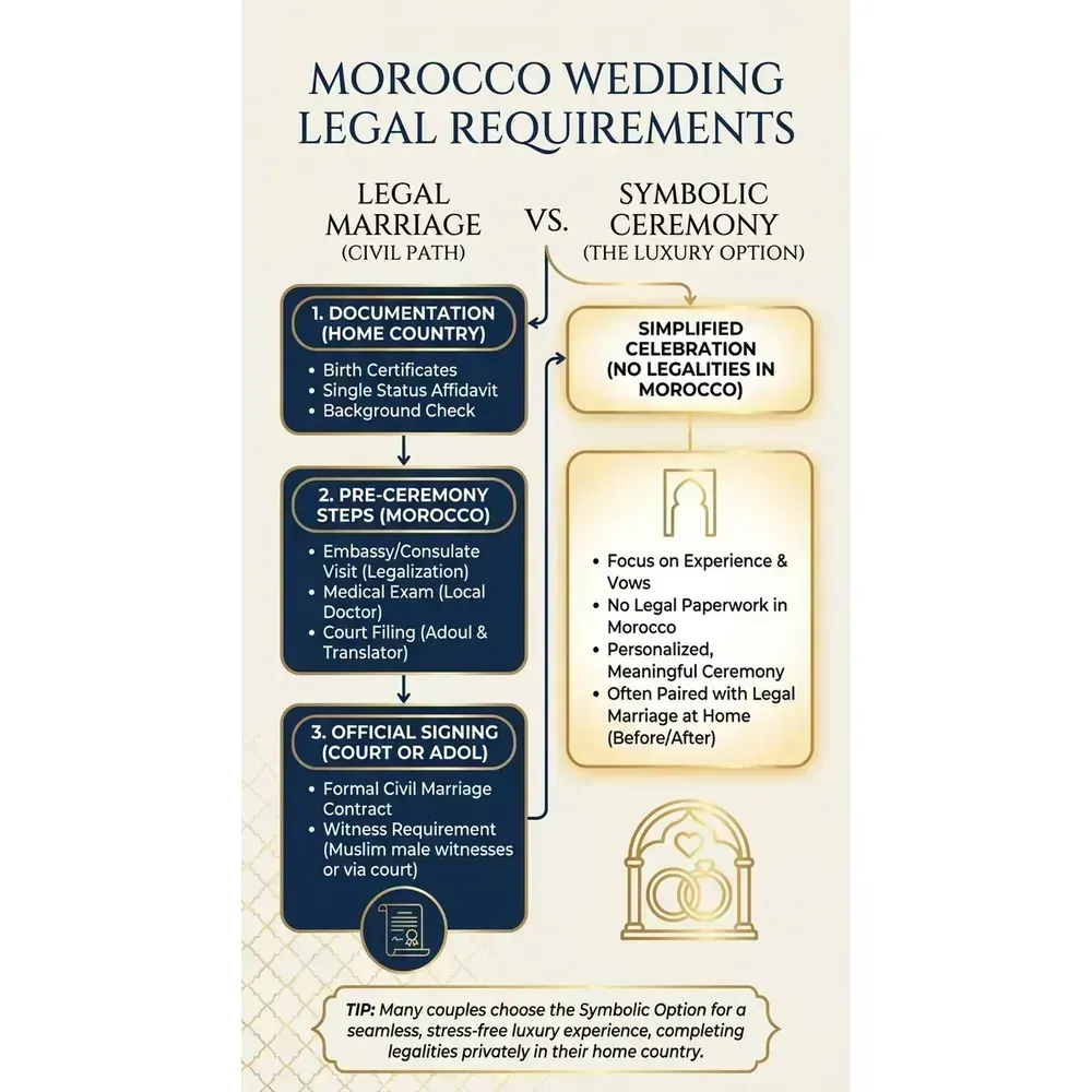Morocco Destination Wedding – Morocco Wedding Legal Requirements infographic for luxury destination wedding and travel planning. Key details: Featured image. Visual focus: A flowchart simplifying the legal marriage requirements for.