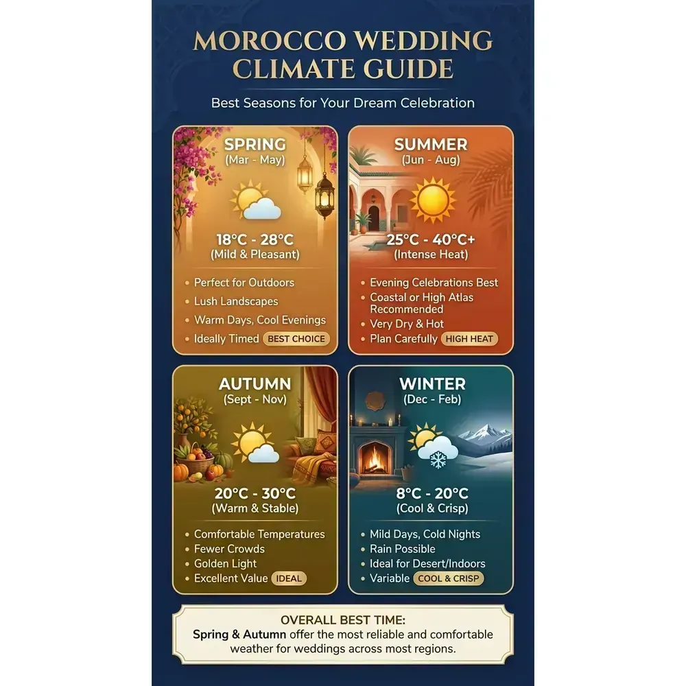 Morocco Destination Wedding – Morocco Wedding Climate Guide infographic for luxury destination wedding and travel planning. Key details: Featured image. Visual focus: A visual guide showcasing average temperatures and weather conditions.