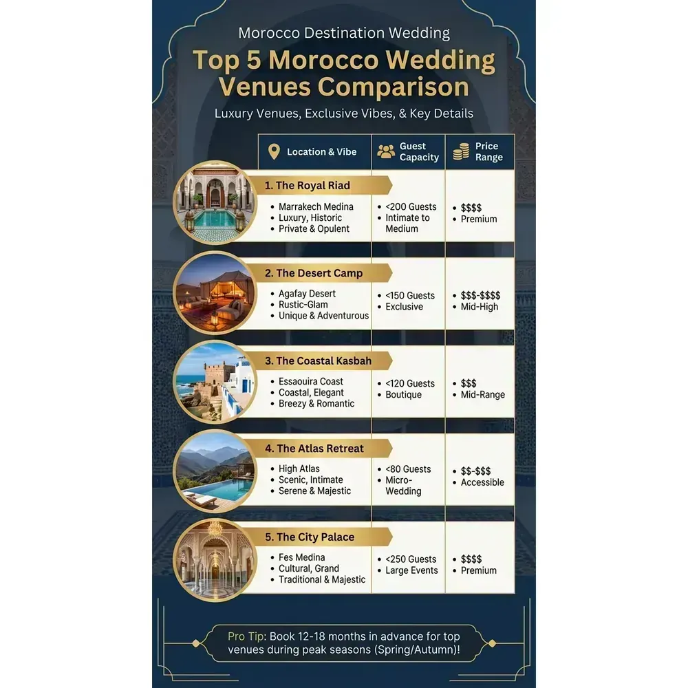 Morocco Destination Wedding – Top 5 Morocco Wedding Venues Comparison infographic for luxury destination wedding and travel planning. Key details: Featured image. Visual focus: A comparative table showcasing the top 5 destination wedding venues,.