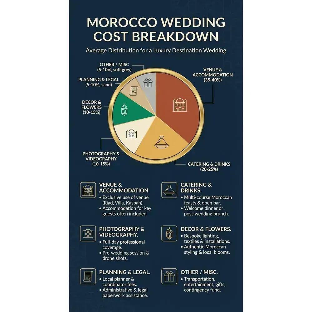 Morocco Destination Wedding – Morocco Wedding Cost Breakdown infographic for luxury destination wedding and travel planning. Key details: Featured image. Visual focus: A pie chart illustrating the average cost distribution for a Morocco.