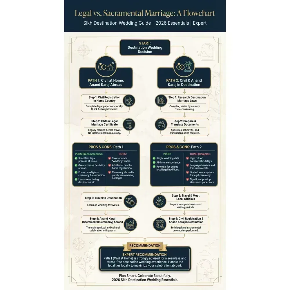 Sikh Destination Wedding Guide – 2026 Essentials | Expert – Legal vs. Sacramental Marriage: A Flowchart infographic for luxury destination wedding planning. Key details: Planning a Sikh Destination Wedding is not about chasing Instagram shots. You are. Visual focus: Create a flowchart comparing the two common structures for.