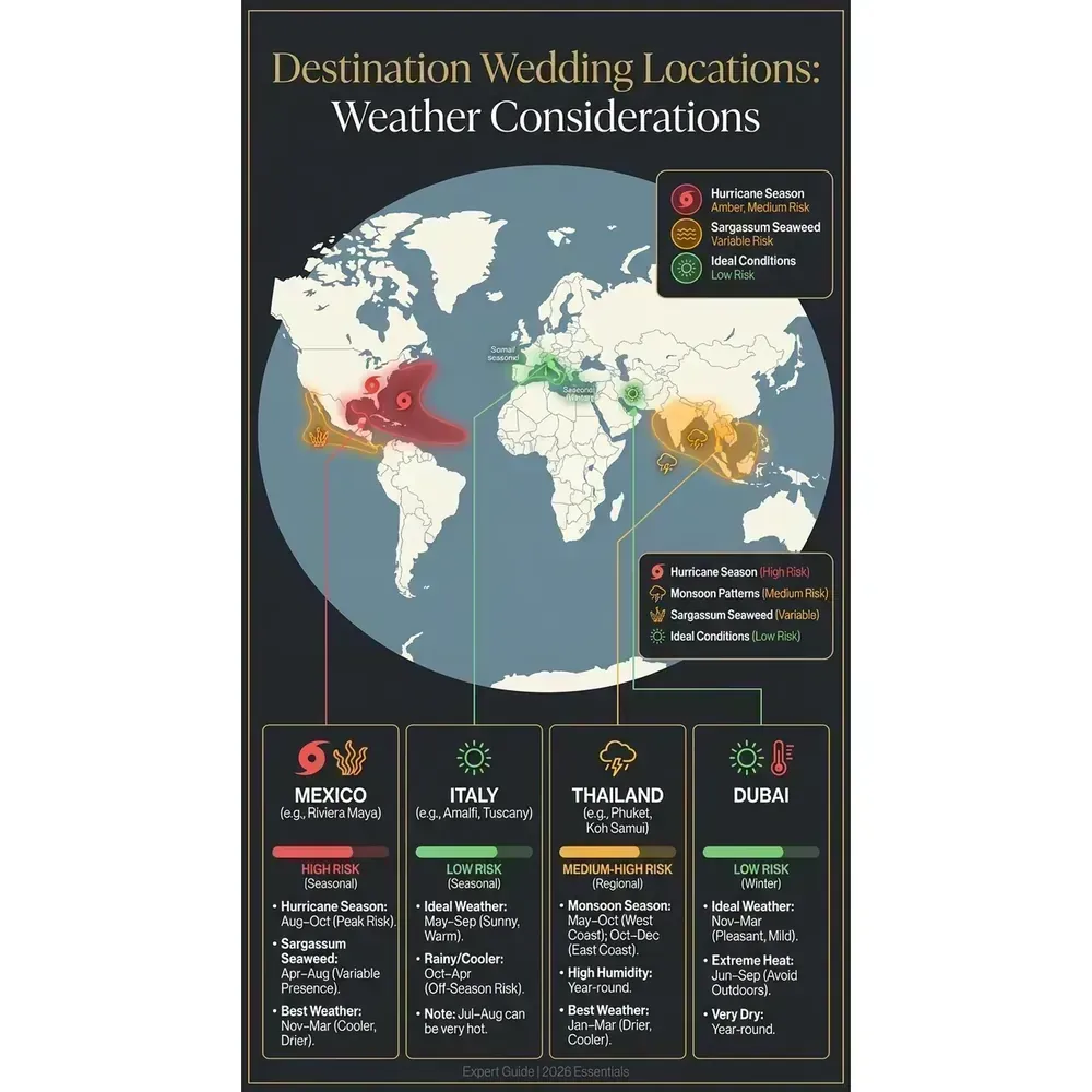 Sikh Destination Wedding Guide – 2026 Essentials | Expert – Destination Wedding Locations: Weather Considerations infographic for luxury destination wedding planning. Key details: Planning a Sikh Destination Wedding is not about chasing Instagram shots. You are. Visual focus: Illustrate weather risks (hurricane season, monsoon patterns,.