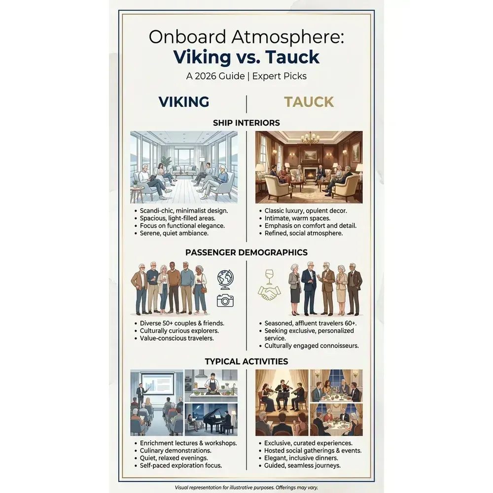 Tauck vs Viking River Cruises – 2026 Guide | Expert Picks – Onboard Atmosphere: Viking vs. Tauck overview. Tauck vs Viking River Cruises – 2026 Guide | Expert Picks – Onboard Atmosphere: Viking vs. Tauck infographic for luxury destination wedding and travel planning. Key details: When you start comparing Tauck vs Viking river cruises, you’re past the “Should I. Visual focus: Compare and contrast the onboard atmosphere of Viking and Tauck river.