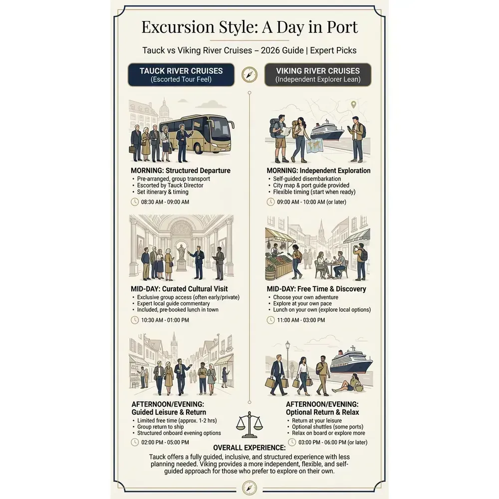 Tauck vs Viking River Cruises – 2026 Guide | Expert Picks – Excursion Style: A Day in Port overview. Tauck vs Viking River Cruises – 2026 Guide | Expert Picks – Excursion Style: A Day in Port infographic for luxury destination wedding and travel planning. Key details: When you start comparing Tauck vs Viking river cruises, you’re past the “Should I. Visual focus: Visually depict a typical day in port with Tauck and Viking,.