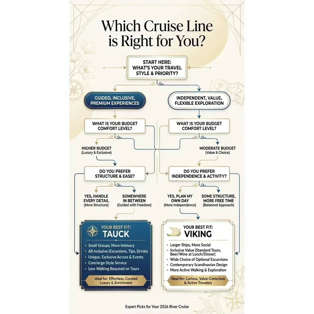 Tauck vs Viking River Cruises – 2026 Guide | Expert Picks – Which Cruise Line is Right for You? overview. Tauck vs Viking River Cruises – 2026 Guide | Expert Picks – Which Cruise Line is Right for You? infographic for luxury destination wedding and travel planning. Key details: When you start comparing Tauck vs Viking river cruises, you’re past the “Should I. Visual focus: Create a flowchart or decision tree that helps readers determine.