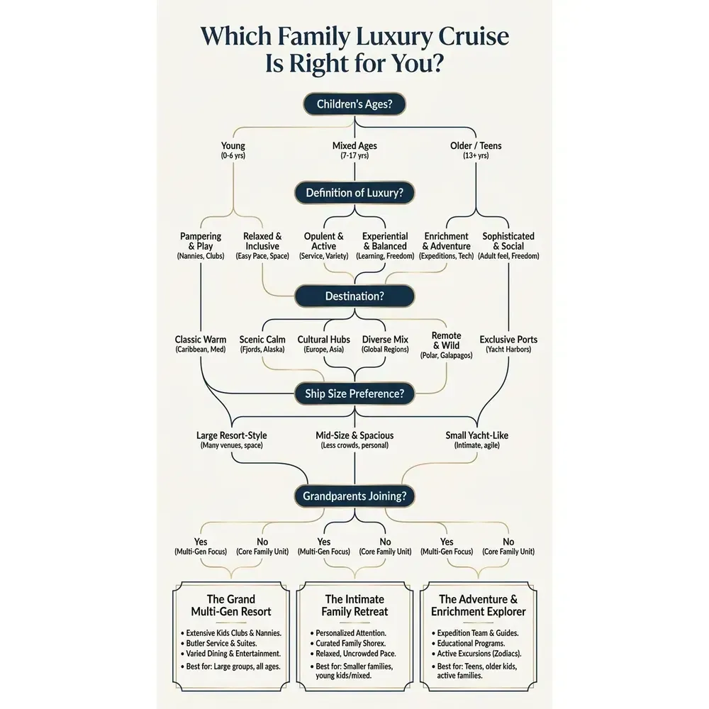 Top 3 Family Luxury Cruises – Which Family Luxury Cruise Is Right for You? overview. Top 3 Family Luxury Cruises – Which Family Luxury Cruise Is Right for You? infographic for luxury cruise planning. Key details: Featured image. Visual focus: A flowchart or decision tree that guides users to the best cruise.
