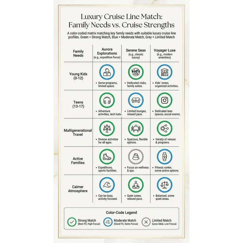 Top 3 Family Luxury Cruises – Luxury Cruise Line Match: Family Needs vs. Cruise Strengths overview. Top 3 Family Luxury Cruises – Luxury Cruise Line Match: Family Needs vs. Cruise Strengths infographic for luxury cruise planning. Key details: Featured image. Visual focus: A matrix matching family needs (young kids, teens, multigenerational.