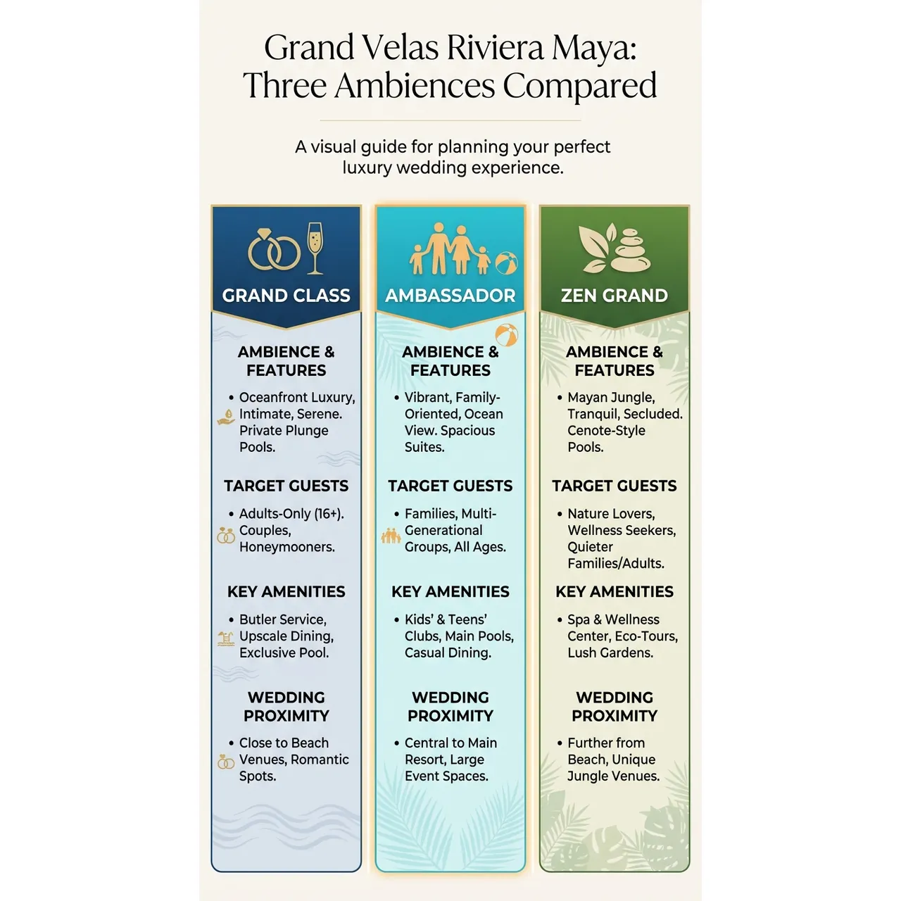 Grand Velas Riviera Maya Wedding: Complete Planning & Logistics Guide – Grand Velas Riviera Maya: Three Ambiences Compared infographic for luxury destination wedding and travel planning. Key details: Grand Velas Riviera Maya looks like the easy answer to “Where should we get married in. Visual focus: A visual comparison of the Grand Class, Ambassador, and Zen Grand.
